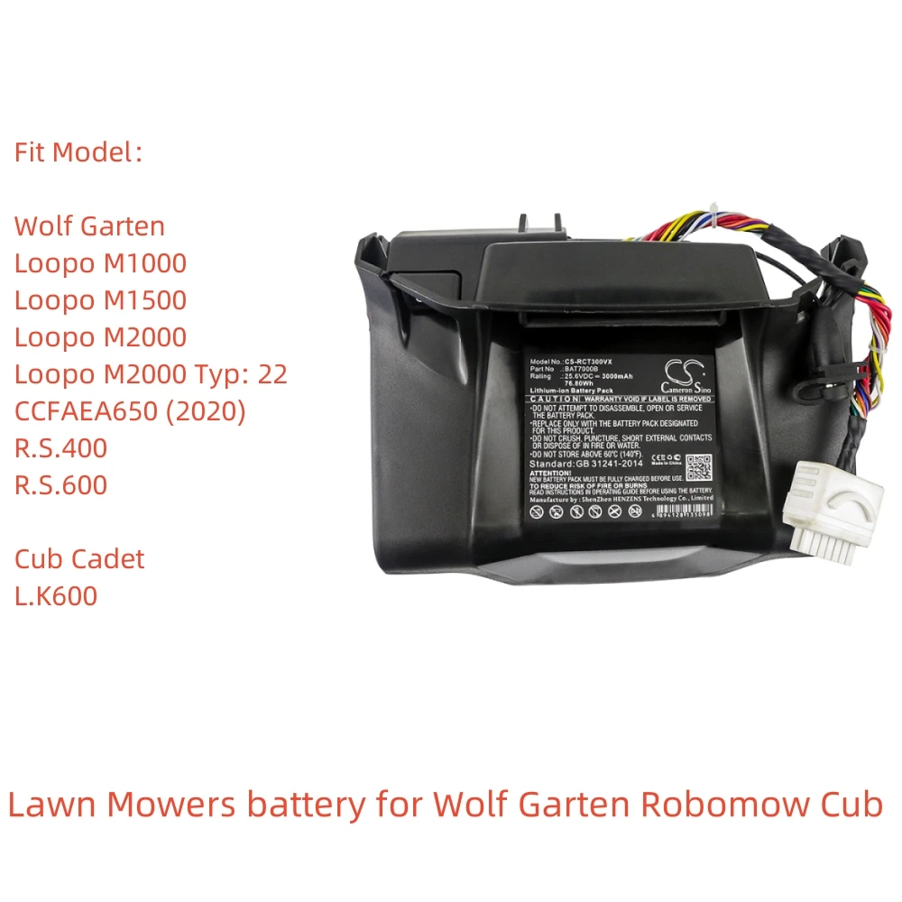 

Li-ion Lawn Mowers battery for Wolf Garten Robomow Cub Cadet,25.6V,3000mAh,Loopo M2000 Typ: 22CCFAEA650 (2020) R.S.400 RC308u