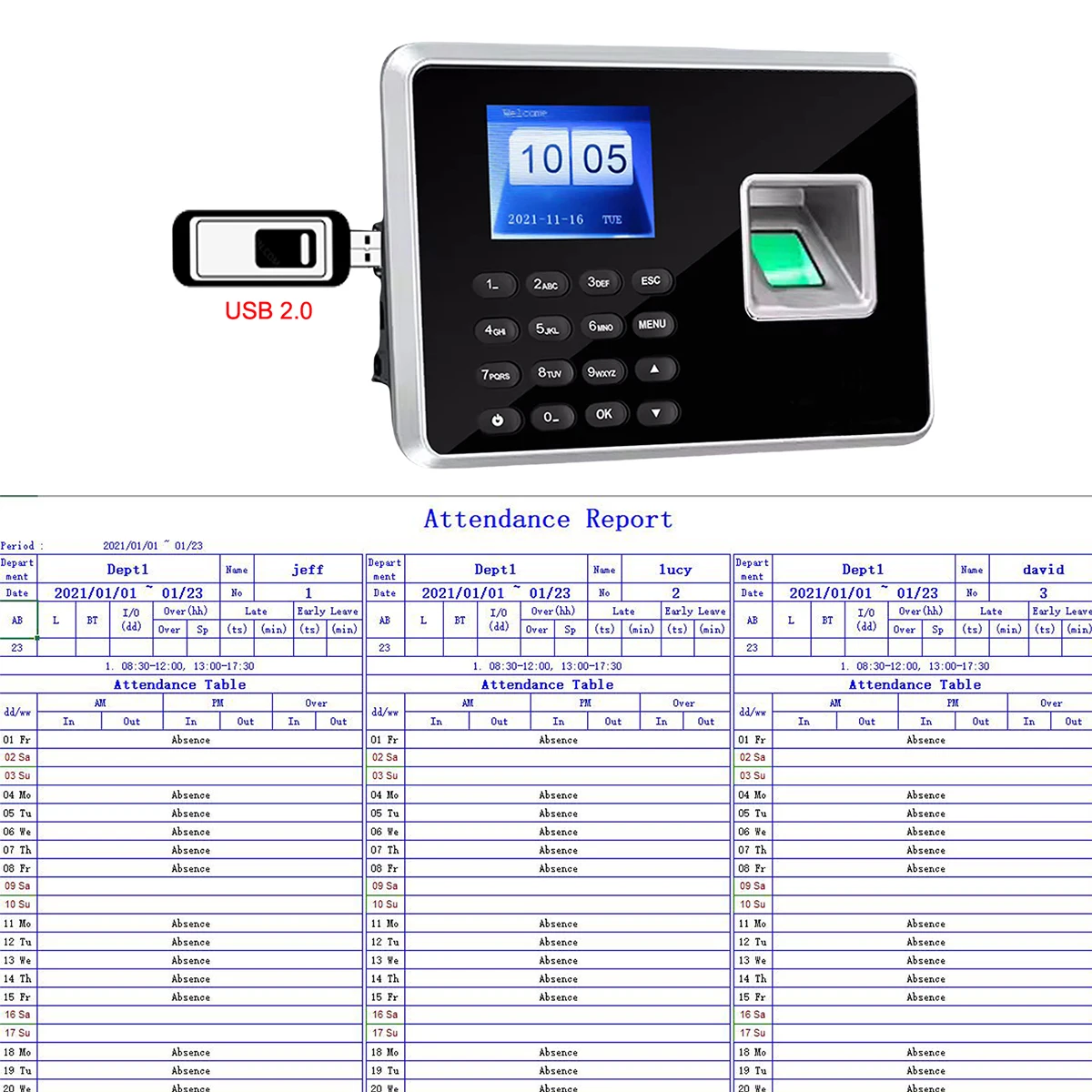 Back up Battery SSR Fingerprint Time Attendance Clock Machine Card and Biometric Employee Electric Clocking Tracking Device