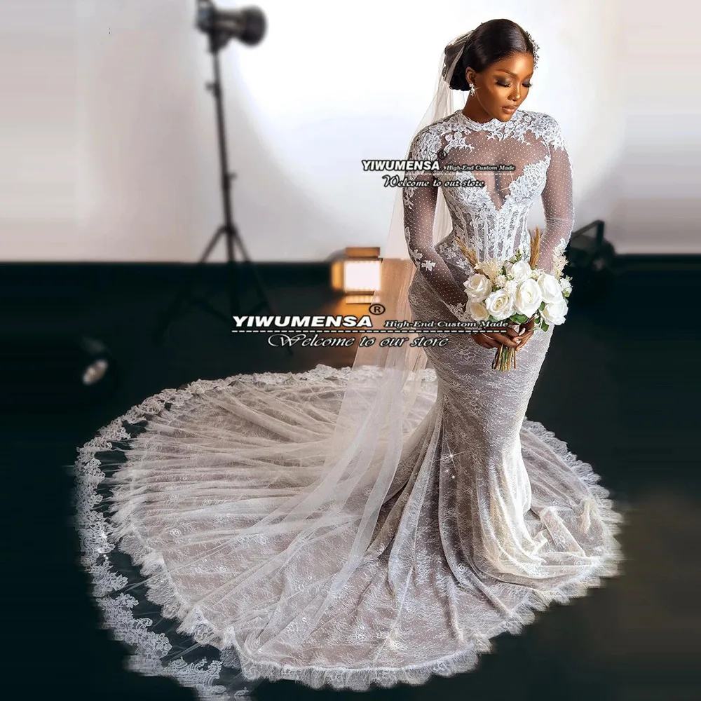 

White Lace Mermaid Long Wedding Dress Women O Neck Illusion Full Sleeves Formal Party Bridal Gowns Robe De Mariee Luxe Dresses