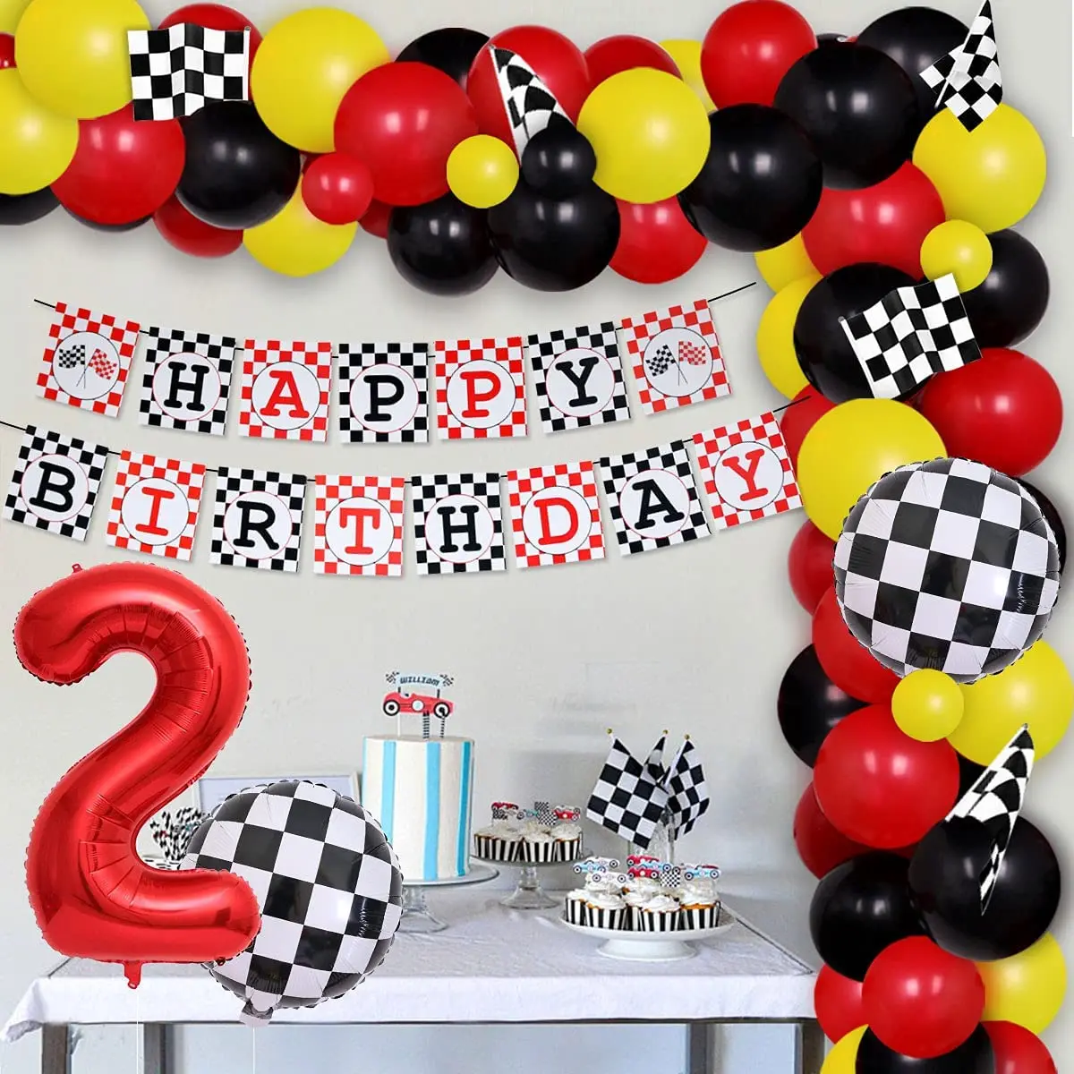 

Race Car 2nd Birthday Party Decorations for Boys - Racing Car Balloon Garland Arch Kit - Checkered Flags Happy Birthday Banner