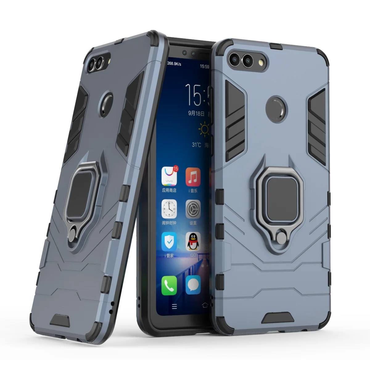 Rugged Armor Shockproof Case with Metal Ring Stand and Bumper Protection