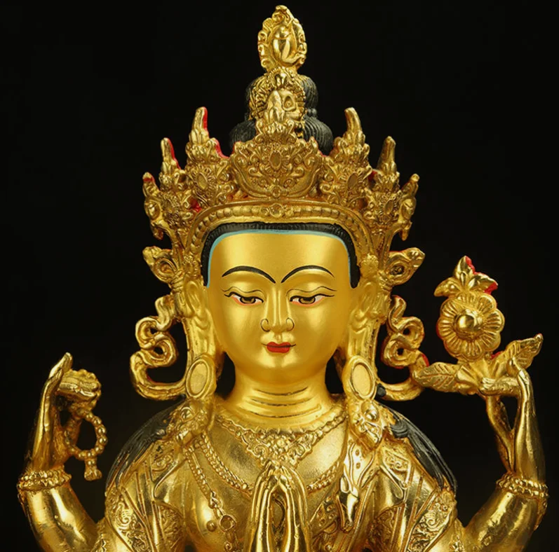 8" Chenrezig Kwan-yin 4 arms guanyin Divinity Buddha Statue pure Bronze gilt & 6
