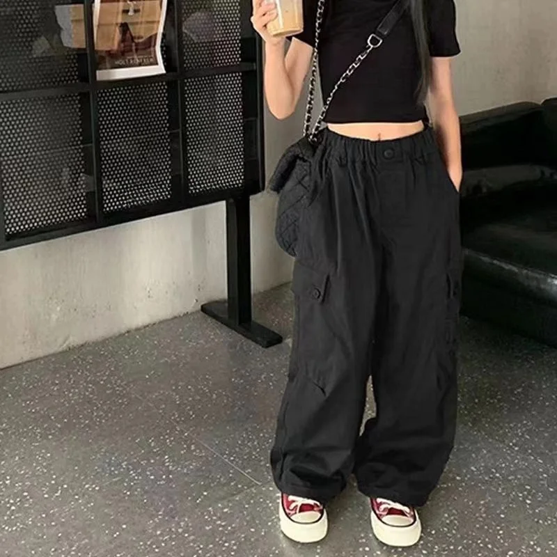 십대 소녀 카고 바지, 느슨한 캐주얼 패션 바지, 멋진 스트리트웨어 바지, 어린이 포켓 디자인, 트렌디 스웻팬츠
