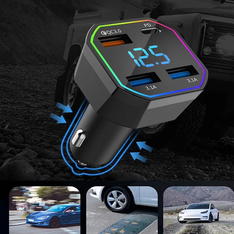 4 Ports LED Voltage Display Fast Car Cigarette Lighter USB C Car Charger for iPhone 16 15/14/13/12/11 Xiaomi Huawei Samsung