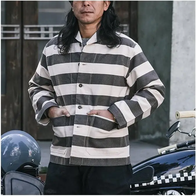 Non Stock Shawl Collar Prison Stripe Work Jacket Rugged Motorcycle Rider Outerwear