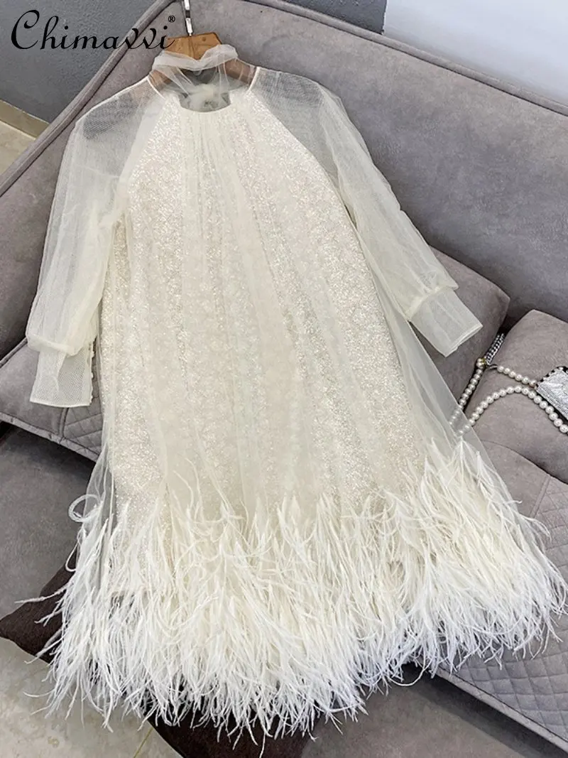 

Women's Dress 2023 Spring Clothes New Bow Lantern Sleeve Mesh Feather Tassel Loose Short Dress Elegant Feminine Party Dresses
