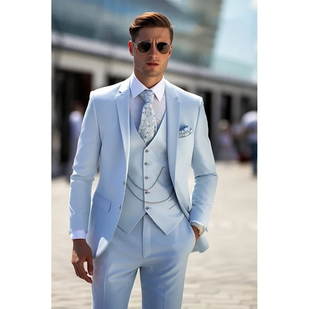 Sky Blue Suits for Men Notched Lapel Single Breasted  Elegant 3 Piece Jacket Pants Vest Slim Fit Wedding Costume（No accessories）