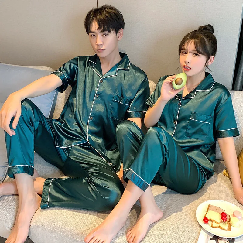 2024 New Fashion Pajamas Set for Couples Summer Short Sleeves Long Pant Nightwear for Lovers Women and Men Matching Pyjamas