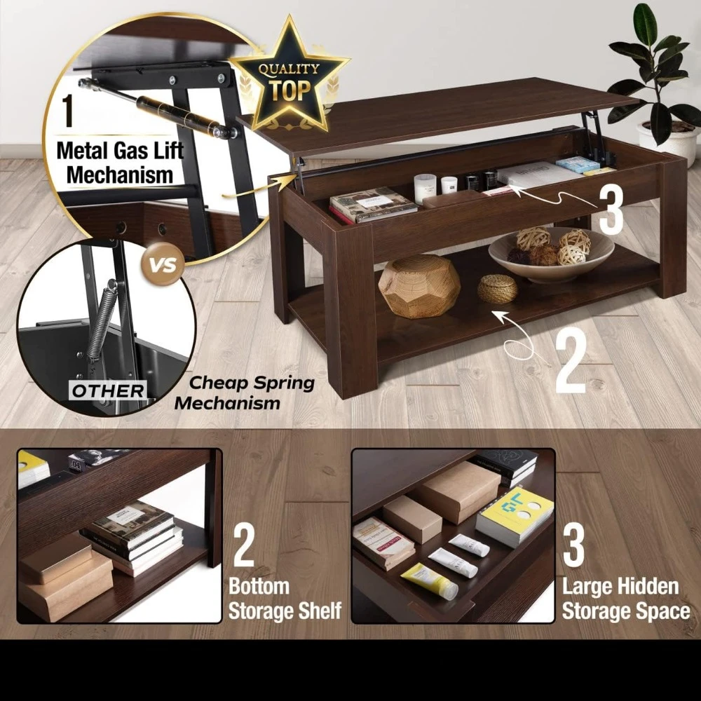 Lift Top Coffee Table w/Storage, Storage Coffee Table w/Lift Top for Living Room, Rising Tabletop Coffee Table w/Hidden 6