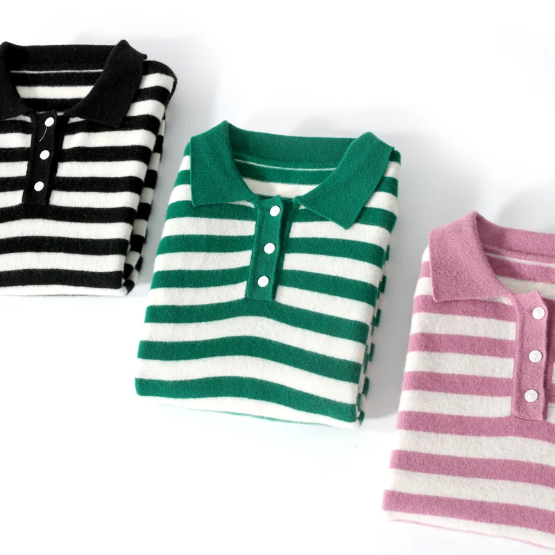 

Autumn Winter 22 100% Pure Woolen Sweater Women Polo Collar Stripe Knitted Undercoat Loose Pullover Slim Fit Fashion Long Sleeve