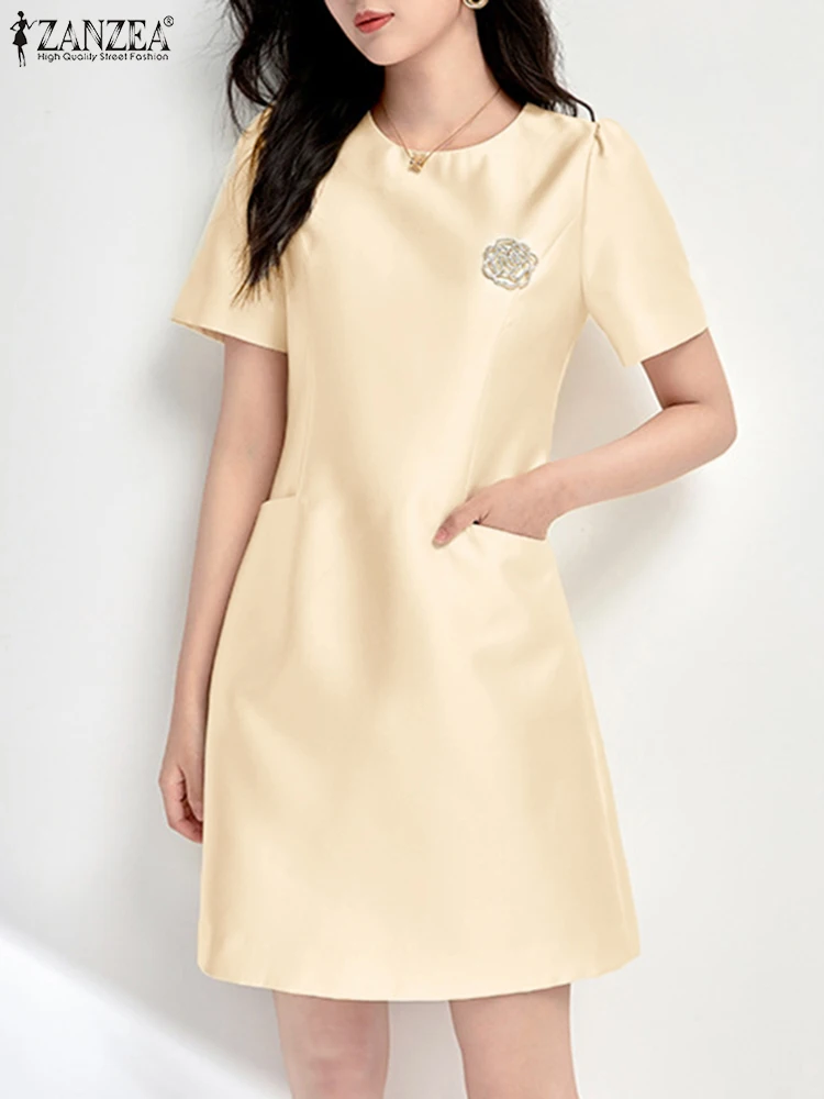 

Модное офисное платье ZANZEA, летнее женское элегантное платье до колен с коротким рукавом, женский сарафан с цветочным принтом, Повседневное платье с круглым вырезом