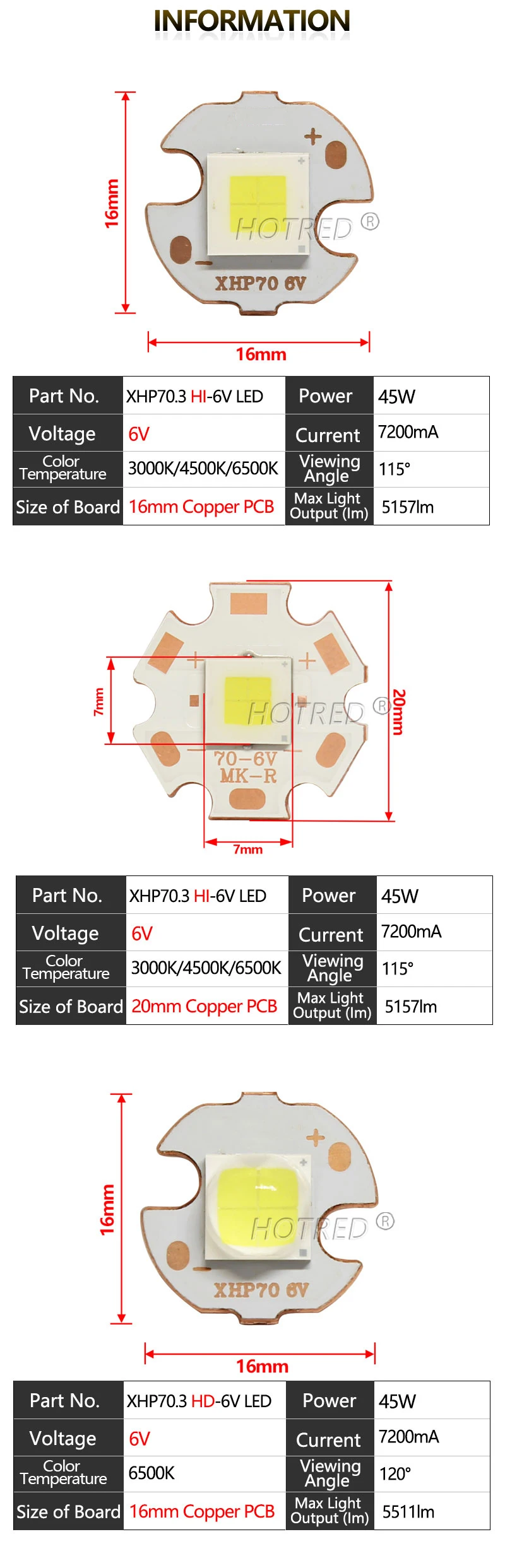 Original XHP70.3 Third Generation 6V 12V 45W HI HD Cold Warm Neutral White SMD 7070 With DTP Copper MCPCB DIY Flashlight
