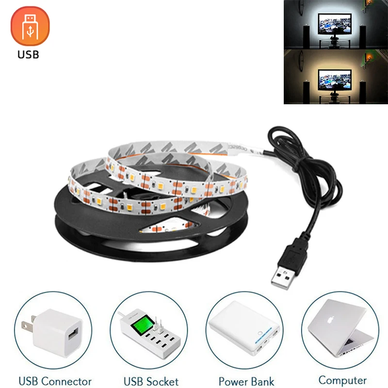 1M-5M 5V LED Strip Lights Cool Warm White Camping USB Powered Cable Light 