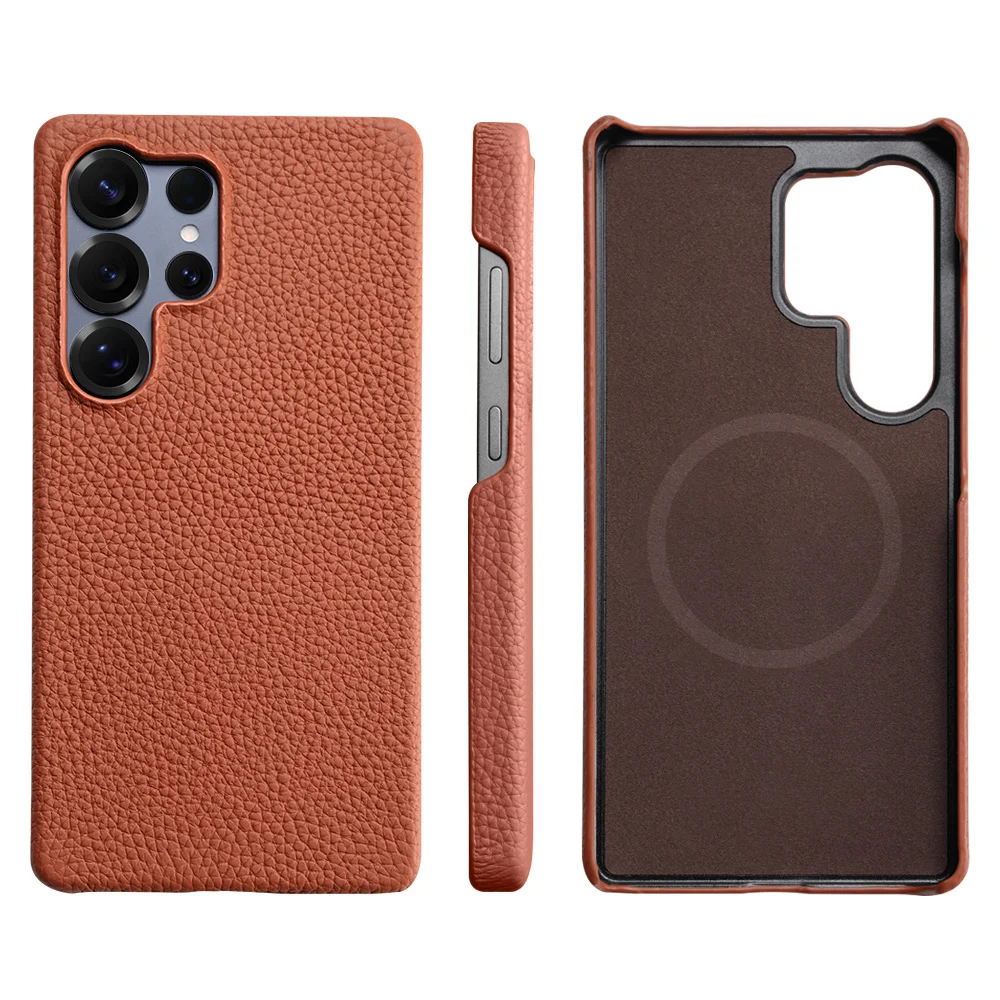 Luxury Natural Cowhide Lychee Leather Magnetic Phone Case with MagSafe – Premium Protector Cover