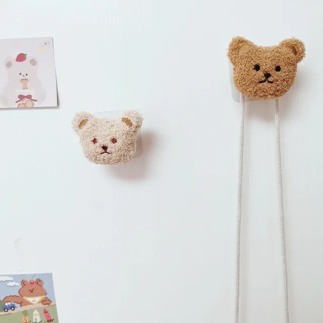 5Pcs ins embroidery bear wooden wall decoration hook children's room dress up wall hanging clothes cupboard door sticky hook 2