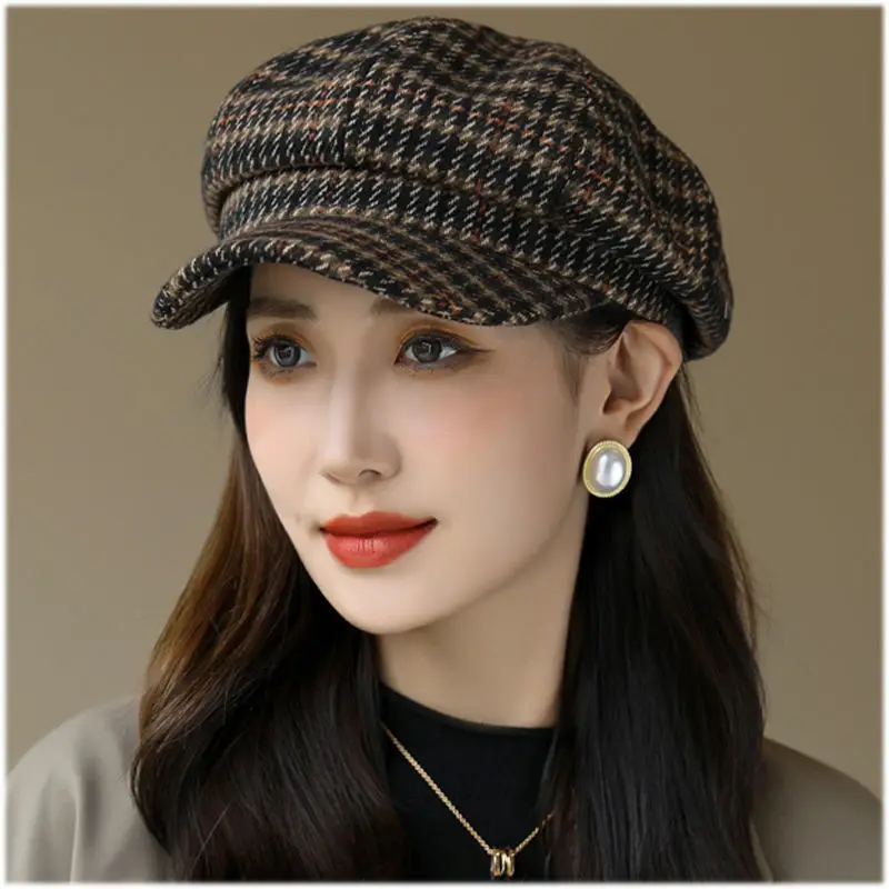 

Autumn and Winter New Ladies Octagonal Hat Painter Big Face British Korean Version Beret Fashion Soft Top Short Brim Plaid Cap