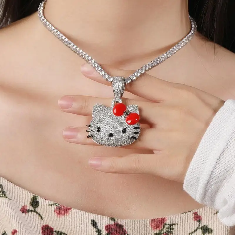 Y2K Hello Kitty Pendant Necklace Sanrioed Anime Figure Kawaii Cute Cat Jewelry Diamond Hip Hop Trend