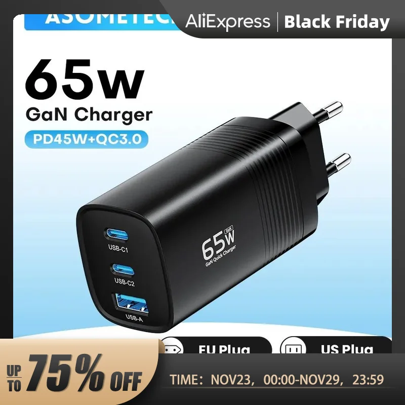  ASOMETECH GaN USB Type C Charger 65W 45W PPS PD QC4.0 Quick Charger For Macbook Laptop IPAD Tablet iPhone 14 Samsung S23 Ultra 