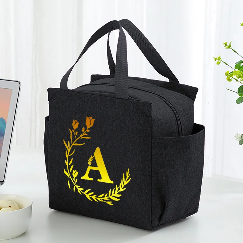 Lunch Cooler Bag Shoulder Strap Alphabet - Black