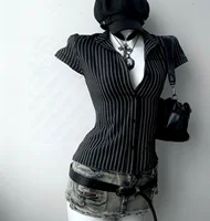 Y2K Stripes Slim Fashion Punk Women Tide Goth Aesthetic Camisole Harajuku Classic Soft Hot Singlet Mature Short Sleeve Clothing - Image 2
