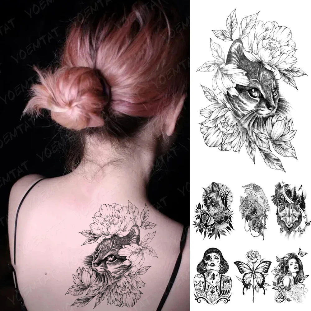 Waterproof Temporary Tattoo Sticker dark spot style cat rose Flash Tattoos Gothic punk Y2K Body Art Arm Fake Tatoo Men Women