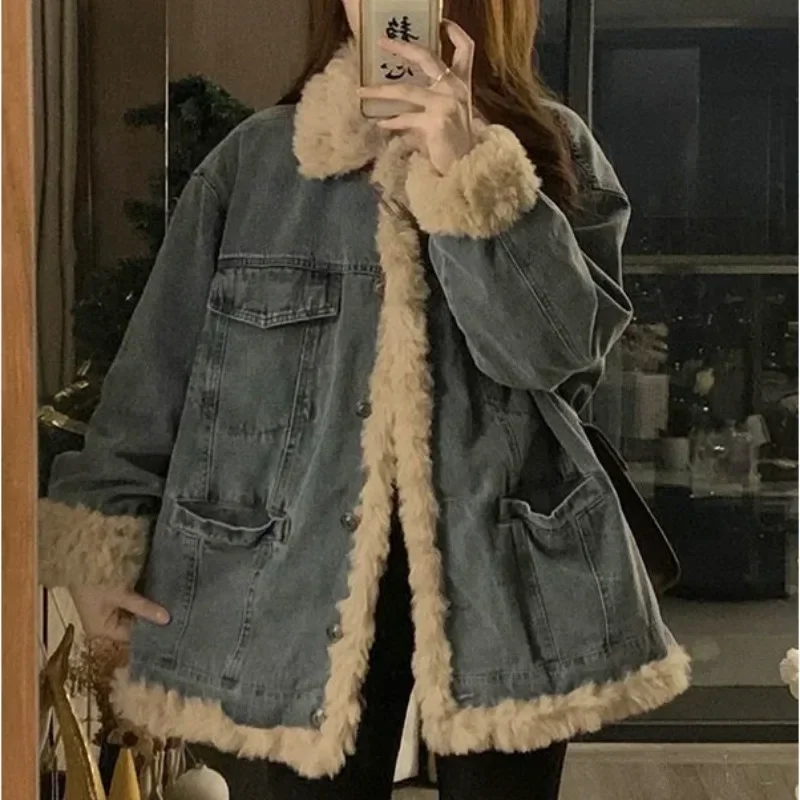 Japanese Retro Lamb Wool Denim Jacket Women's 2023 New Spring and Autumn High-end Feel Lamb Wool Casual Winter Cotton Jacket atsunny japanese style anime girl jackt retro casual lamb wool streetwear harajuku style man autumn and winter clothes hoodie