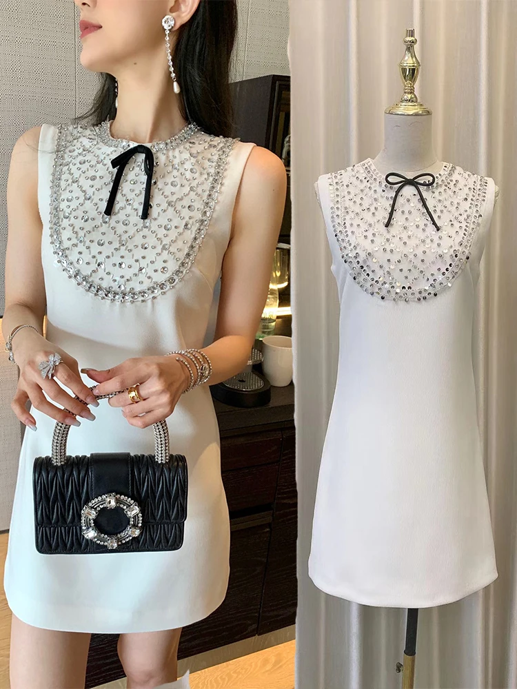 

2023 Summer New Diamond Crystal Sequin Embellished White Mini Dress Women Elegant Temperament Bow Sleeveless Party Dresses