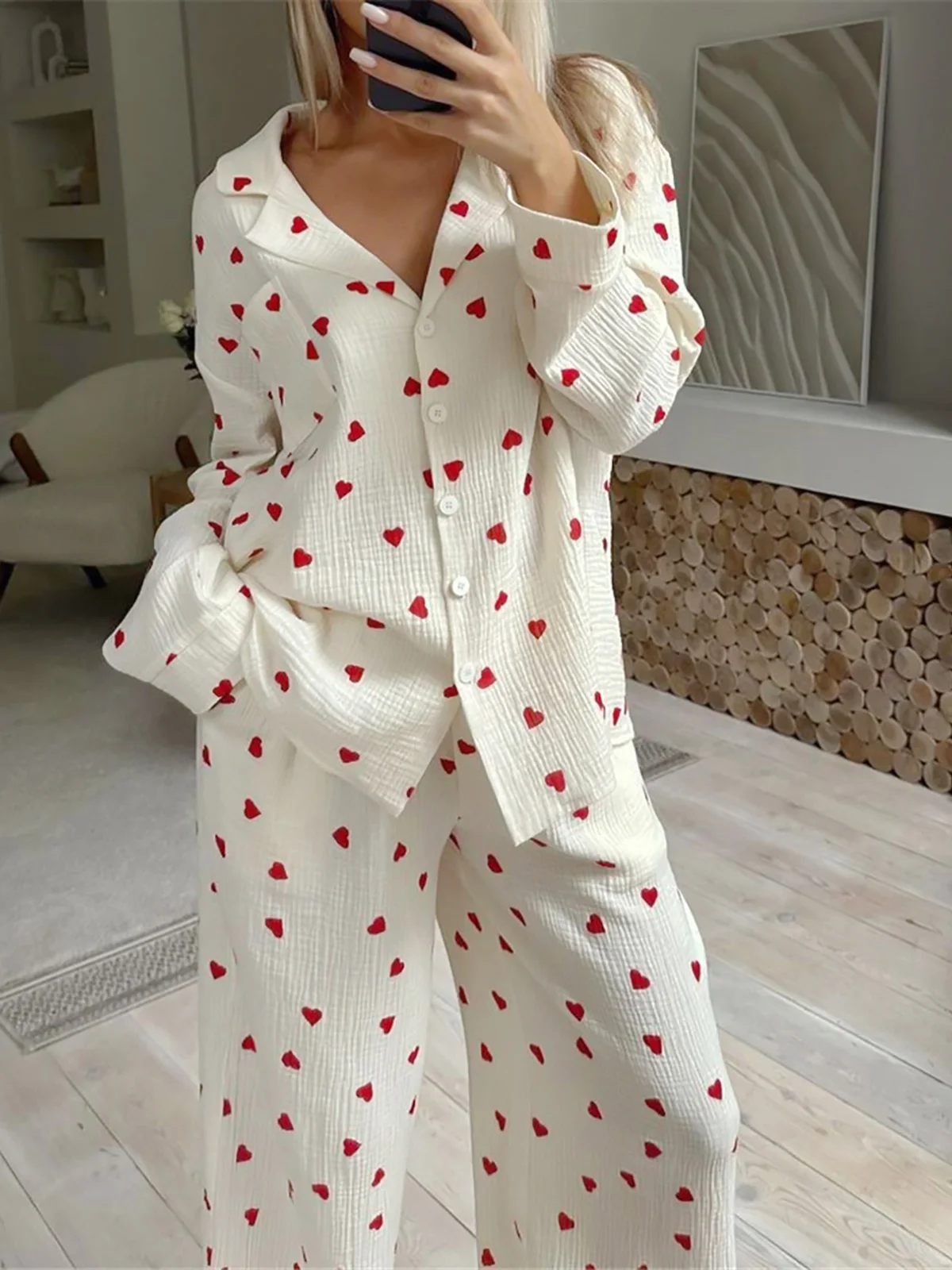 Love Print Cotton Pajamas women pajamas set women pajama suit cotton pajamas set For Women Single-Breasted Pocket New In Women's Sleepwear Lapel Long Sleeve Woman Clothing D323