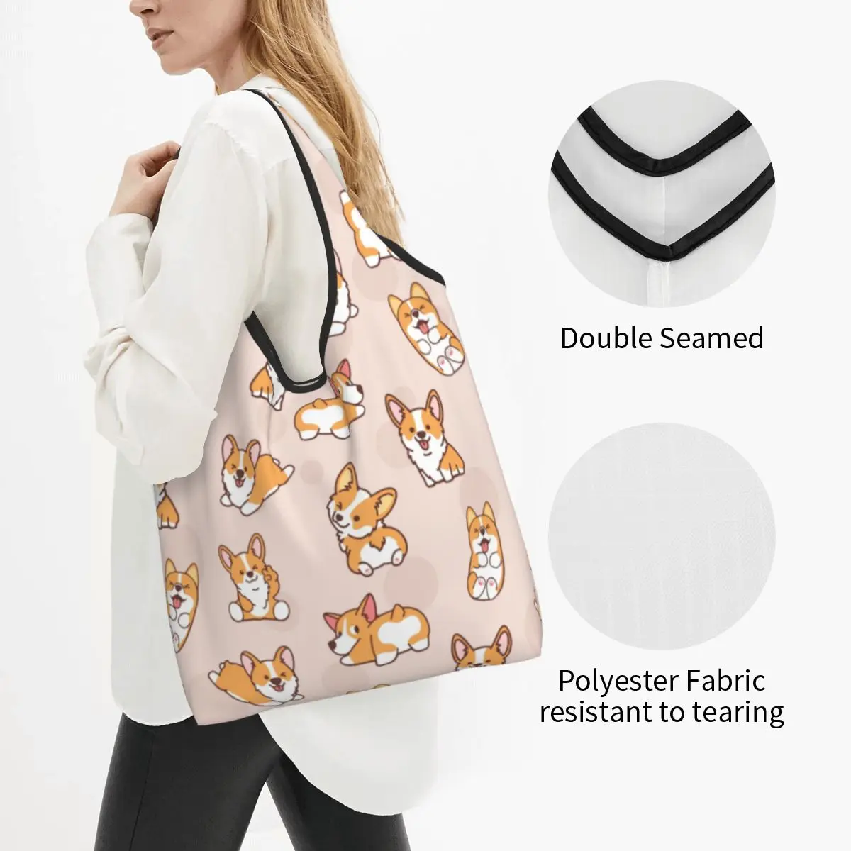 Fashion Print Funny Corgi Puppy Shopping Tote Bag Portable Shoulder Shopper Handbag