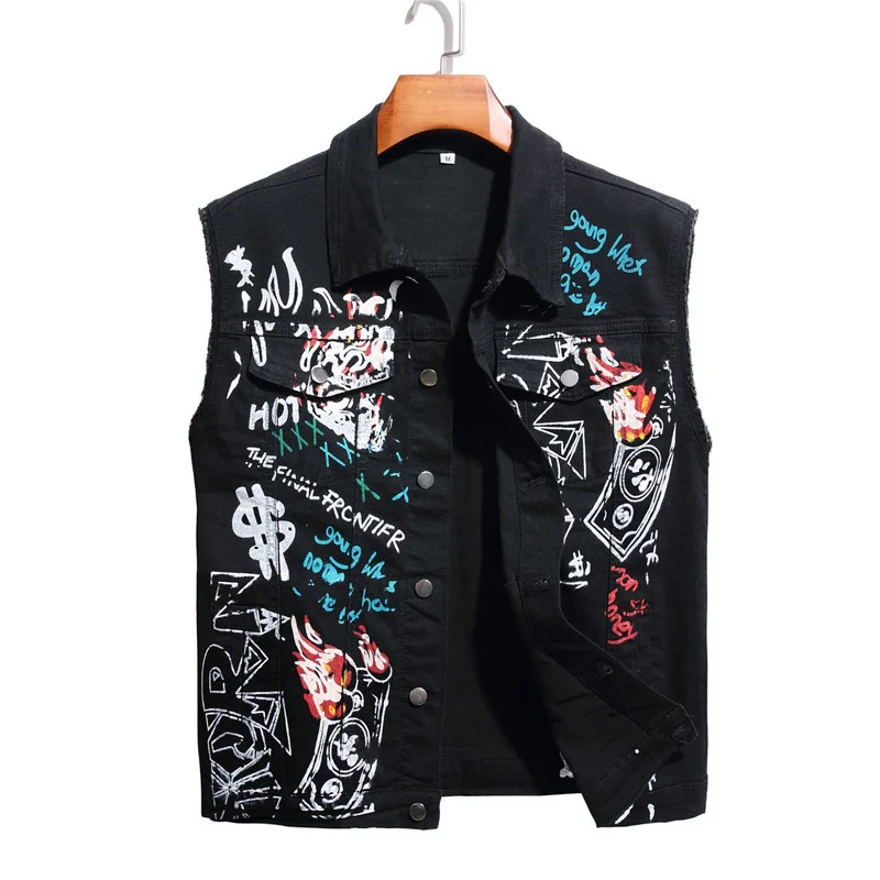 

Men's Hi Street Painted Denim Vests Fashion Streetwear Waistcoat For Male Punk Style Hip Hop Rock Sleeveless Jeans Jacket