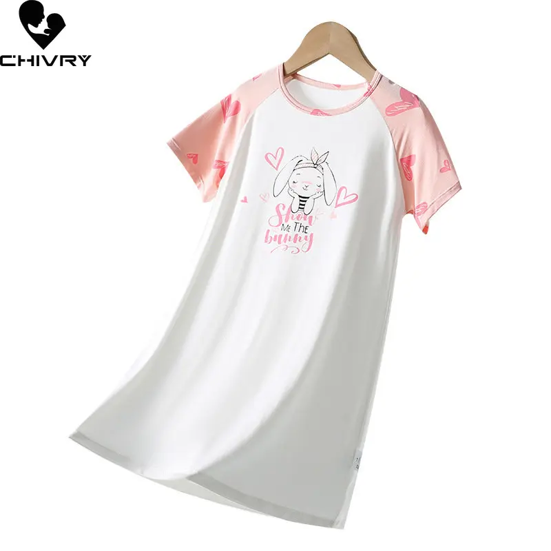 New 2023 Girls Fashion Nightgowns Summer Thin Short Sleeve O-neck Cartoon Rabbit Sleepwear Baby Girl Sleeping Dress Homewear