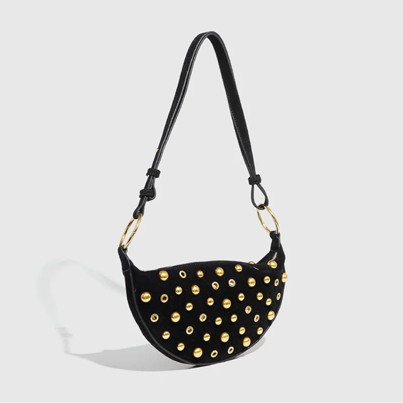 Designer Studded Shoulder Bag Rivet Crescent Bag 2025 New Women's Metal Underarm Bag High-end Retro Rivet Polka Dot Shoulder Bag 3