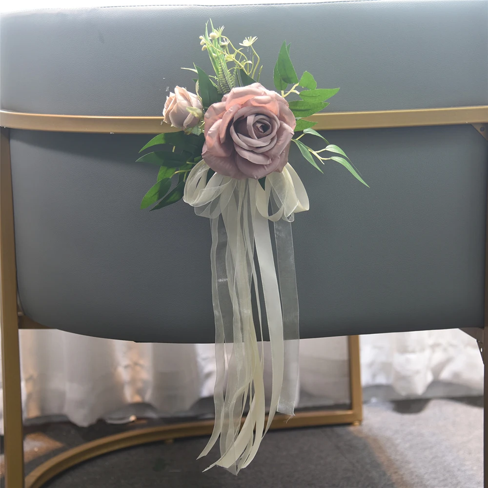 Yannew 2 stücke Hochzeit Gang Dekoration Bank Blumen mit künstlichen Rose Eukalyptus Band für Hochzeits zeremonie Kirche Stuhl Dekor – Detail 9
