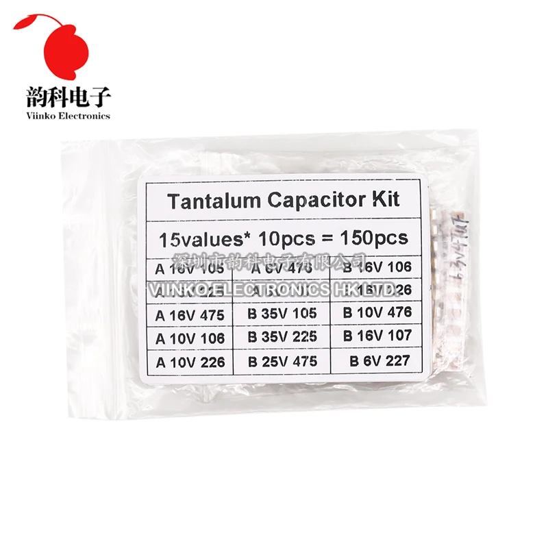 

150pcs SMD Tantalum Capacitor Assortment Kit 15Values Each 10pcs 1uF-220uF 2.2uF 4.7uF 10uF 47uF A/B Case Tan Capacitance Set