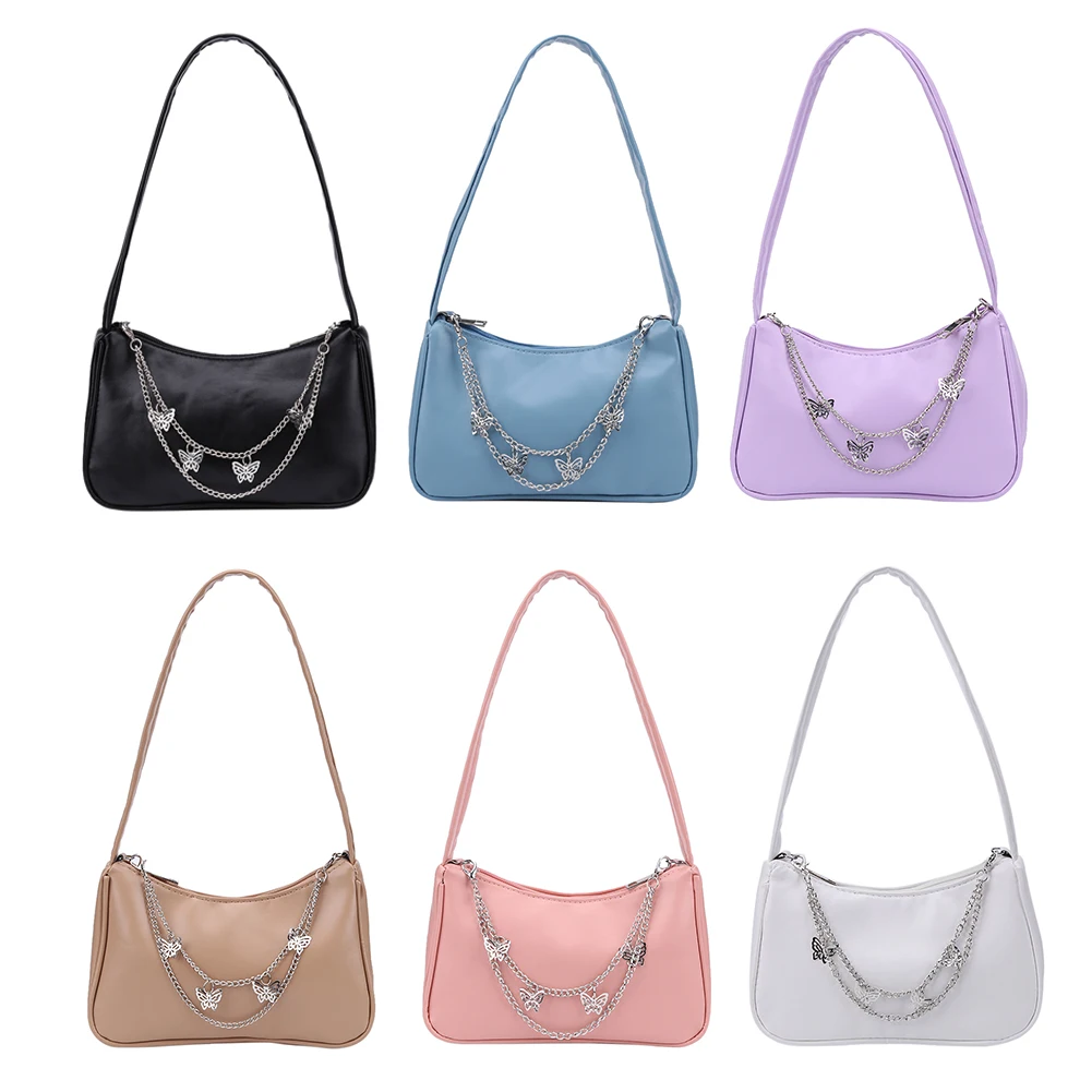 Tanie Small Ladies Pure Color Shoulder Bags Popular Butterfly Chain Zipper Handbags PU sklep