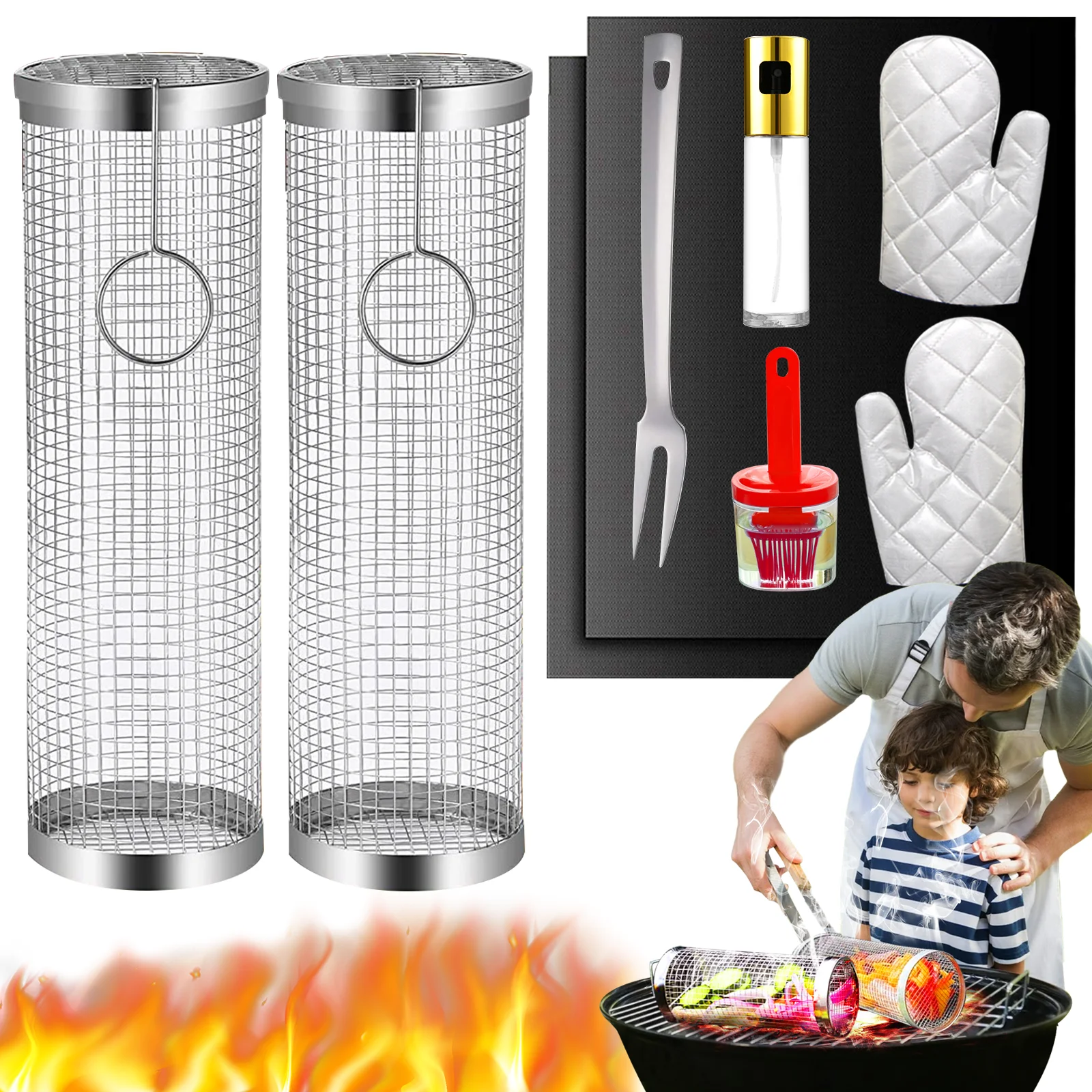 BBQ Rolling Basket – Rolling Grilling Baskets for Outdoor Grilling - Stainless Steel BBQ Grill Basket - BBQ Accessories for Outd