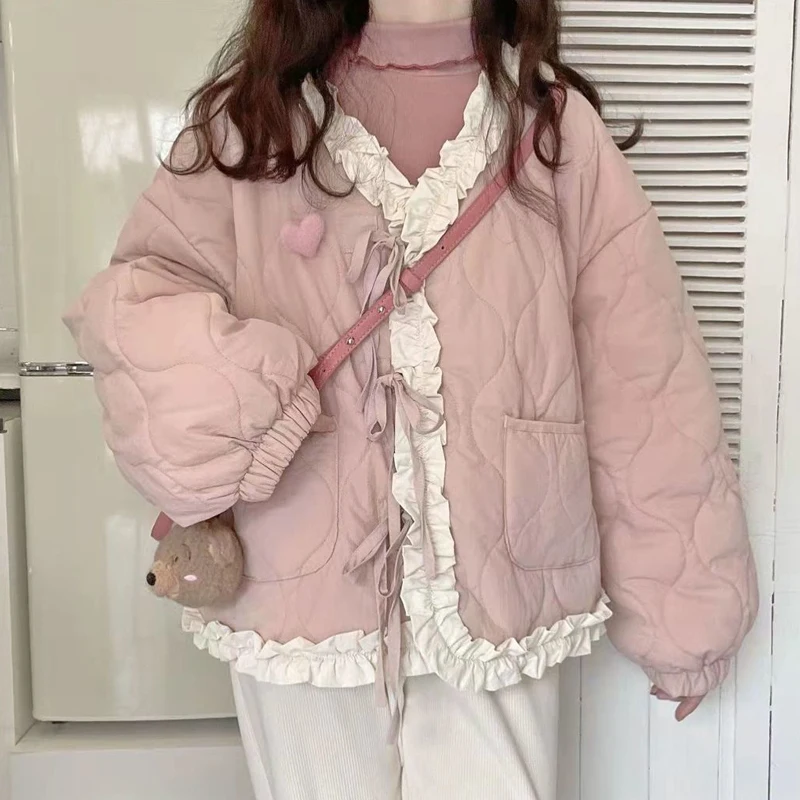 

Winter Coat Women Kawaii Ruffles Parkas Pink Thickening Japan Designders Single Breasted Lolita Girls Casual Short Style Coats