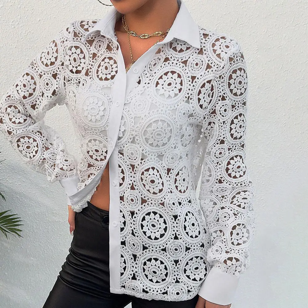 Loose Fit Blouse Elegant Lace Hollow Long Sleeve Blouse Women's Business Work Shirt Breathable Button Down Top Women Lace Shirt