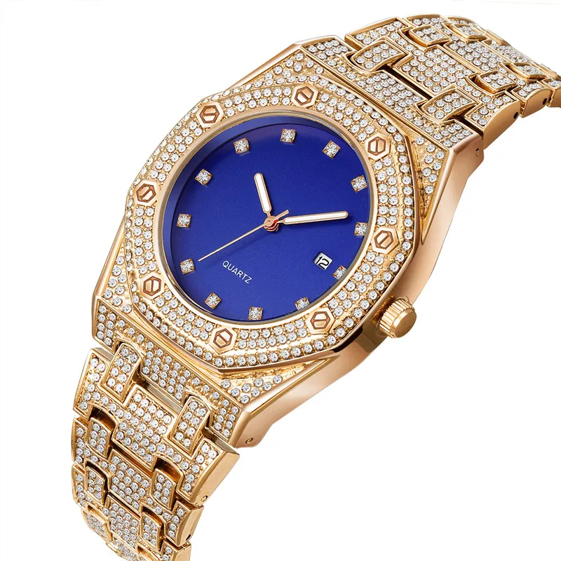 Men Cool Brand Golden Watches Fashion Alloy Band Hip Hop Diamond Calendar Vintage Quartz Watch Reloj Hombre Acero Inoxidable