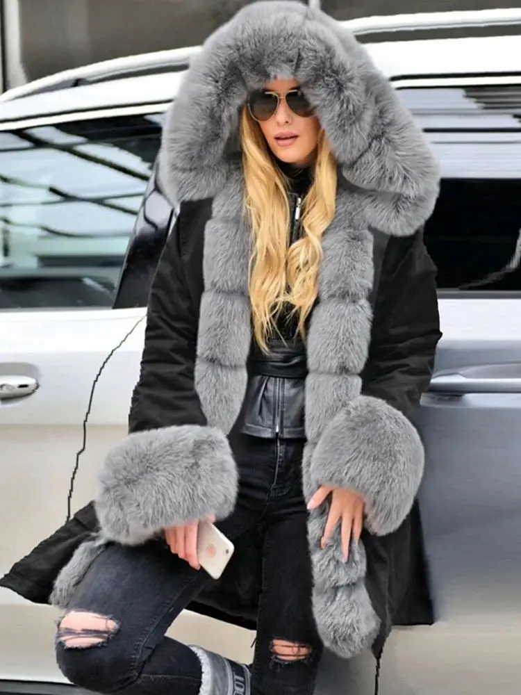 

JANEFUR Women's Winter Jackets 2023 Long Luxury Real Fox Fur Trim Collar Parka Outdoor Thick Warm Faux Fur Lined Coat with Hood