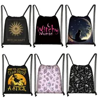 Witch Witchcraft Print Backpack Witchy Woman Drawstring Bags Moon Star Cat Storage Bag for Travel Shoes Holder Wicca Bookbag 1