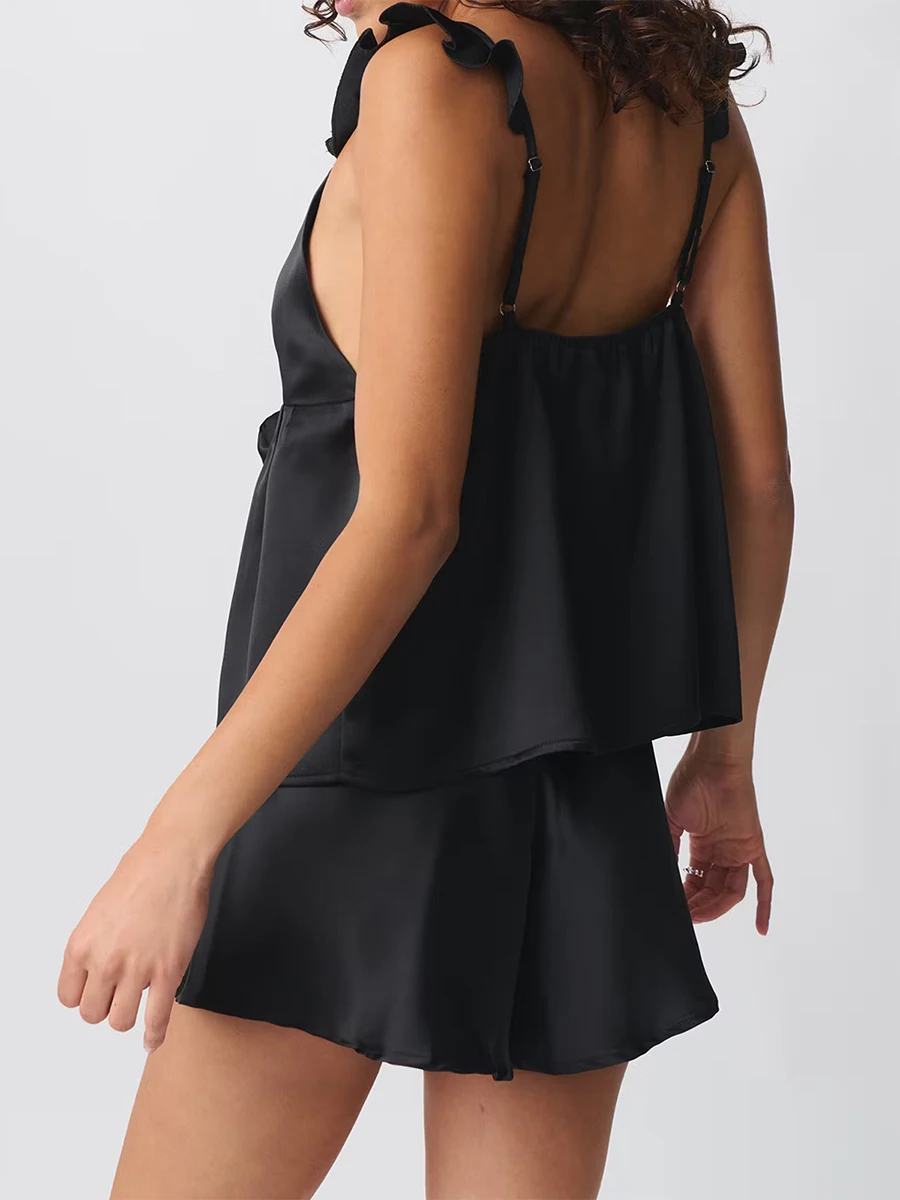 Women s Summer Silk Pajama Set Sleeveless V Neck Lace Trim Cami Top and Shorts Sleepwear Loungewear Sets