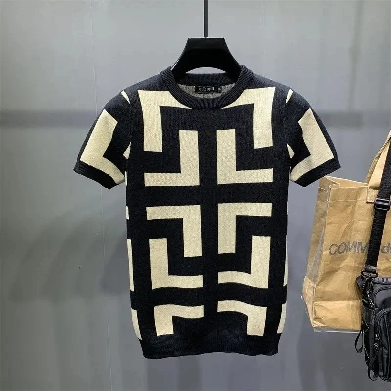 

Summer New Y2K Mens Slim Vintage Short Sleeve T Shirt Striped Print O Collared Graphic T Shirts For Men Darts Camiseta Masculina