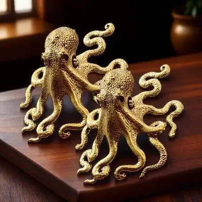2Pcs 황동 문어 차 장식품 중국어 조각상 장식 조각품 차 테이블 홈 오피스 빈티지 선물 장식