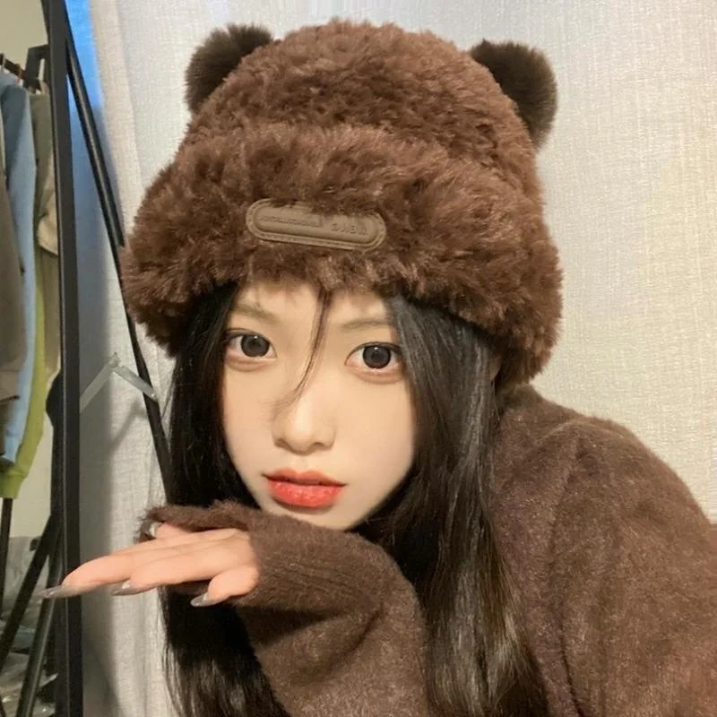 

Cute Ear Women Earmuffs Cap Cartoon Bear Ear Protection Hat Solid Color Plush Beanies Girl Winter Warm Fluffy Fur Headgear