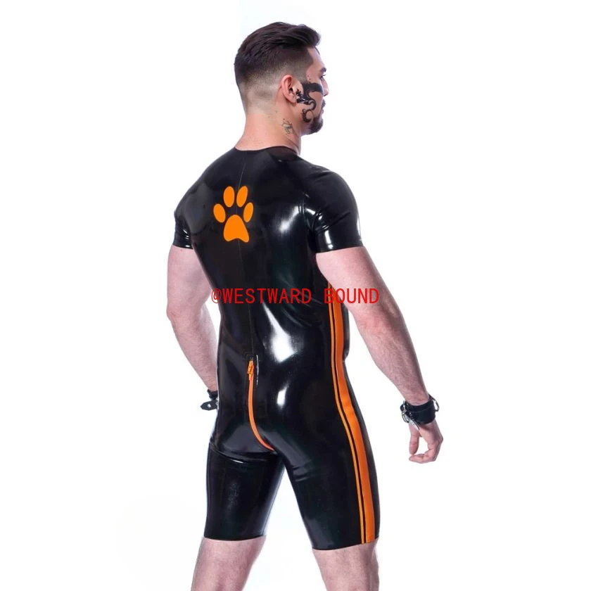 customized eurocat latex bodysuit men's black latex bodysuit orange accents short sleeves front zipper rubber costume clubwear