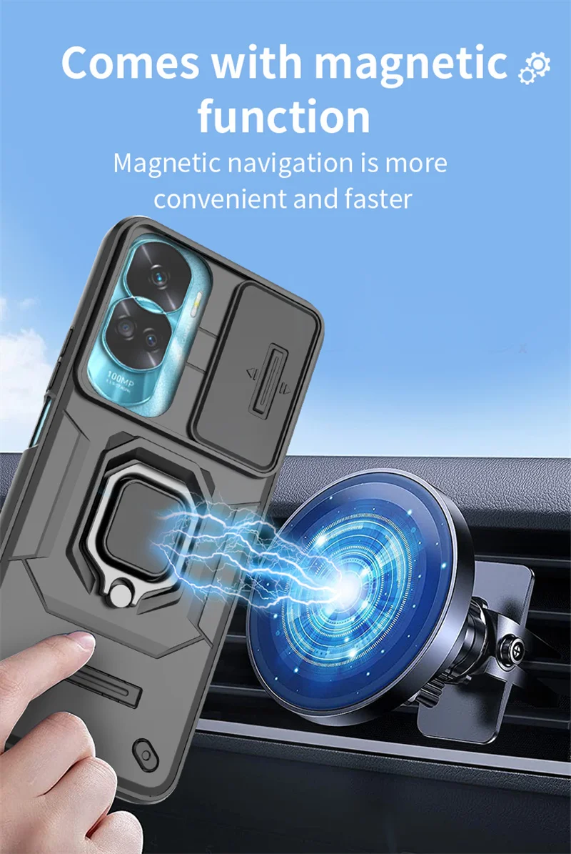 명예 90 라이트 5G 케이스 슬라이드 카메라 보호 갑옷 전화 케이스 Honar Honer 90Lite 라이트 5G 마그네틱 링 홀더 뒷면 커버