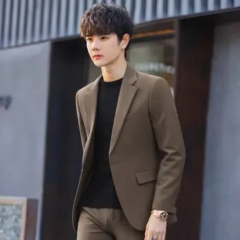 Caramel Color Men's Slim Fit Casual Wedding Jacket Polyester Fiber Long Sleeve Pure Color Spring Autumn Season Fashionable Yo...
