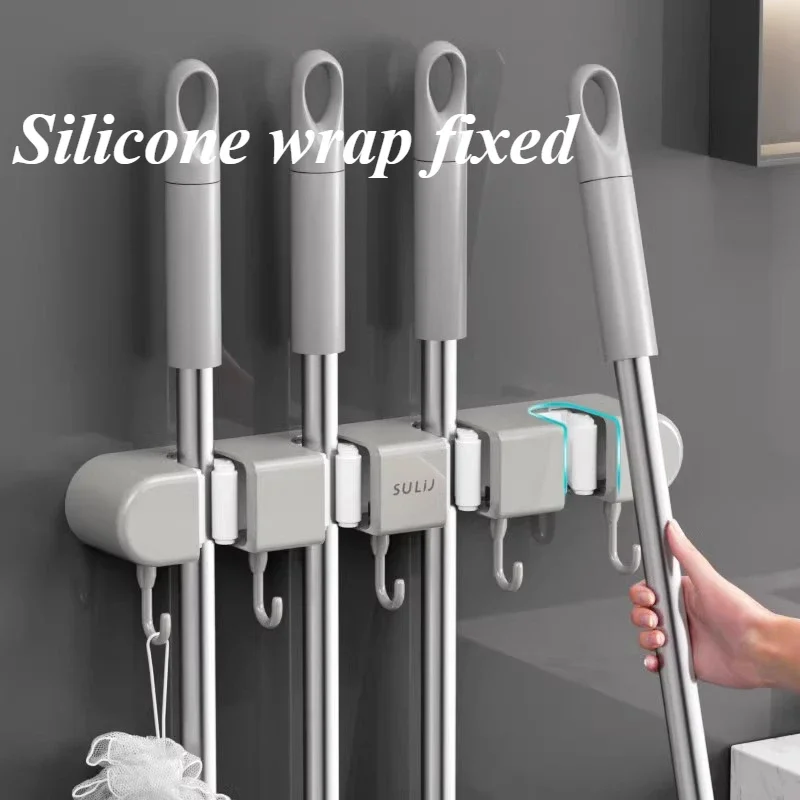 Mop Clamp Storage Rack Wall-mounted Perforation-free with 5pcs Hook Fixed Rack Bathroom Kitchen Door Cleaning Tool Storage Rack 4