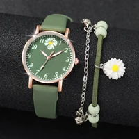 2PCS/Set Fashion Daisy Flower Women Watches Bracelet Set Casual Leather Band Quartz Watch（Without Box） 1